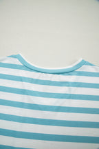 Sky Blue Stripe V Neck Patched Pocket Casual Tee