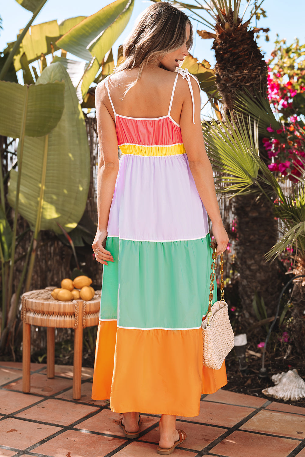 Colorblock Self-tie Straps High Waist Maxi Dress with Pockets