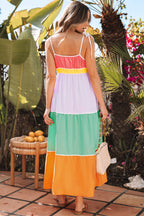 Colorblock Self-tie Straps High Waist Maxi Dress with Pockets