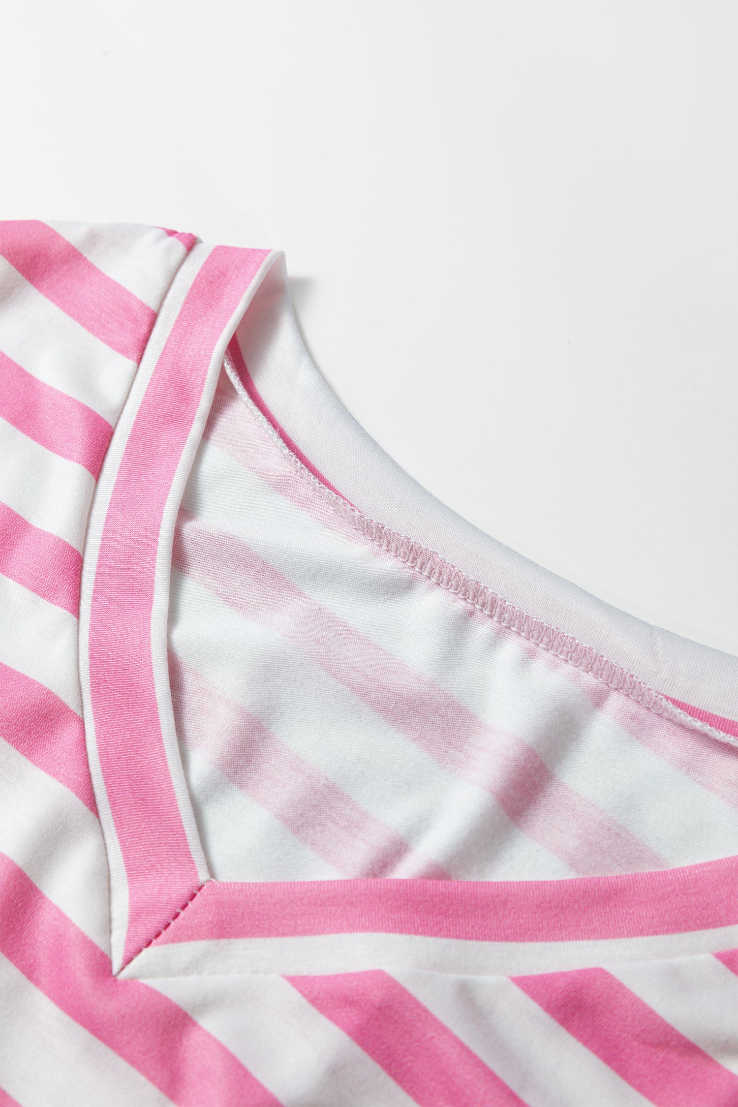 Pink Stripe V Neck Patched Pocket Casual Tee