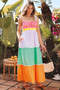 Colorblock Self-tie Straps High Waist Maxi Dress with Pockets