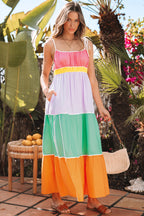 Colorblock Self-tie Straps High Waist Maxi Dress with Pockets
