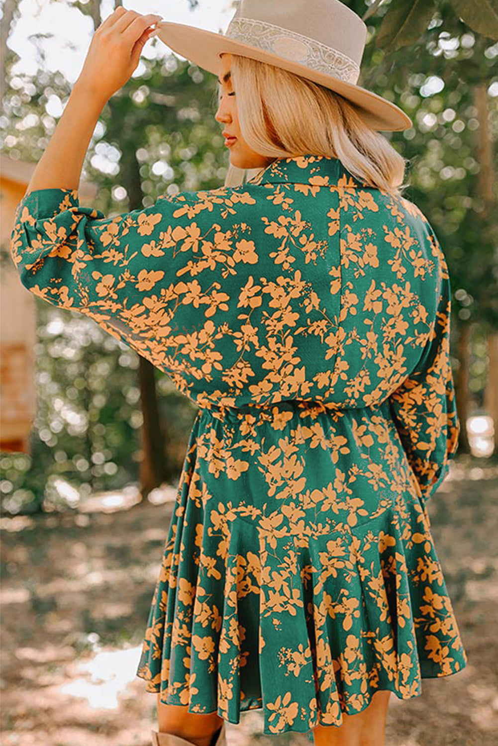 Green Floral Print Drawstring Tunic Flowy Mini Dress
