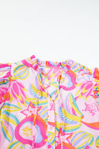 Pink Abstract Floral Ruffle Trim Flutter Sleeve Buttoned Dress