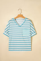 Sky Blue Stripe V Neck Patched Pocket Casual Tee