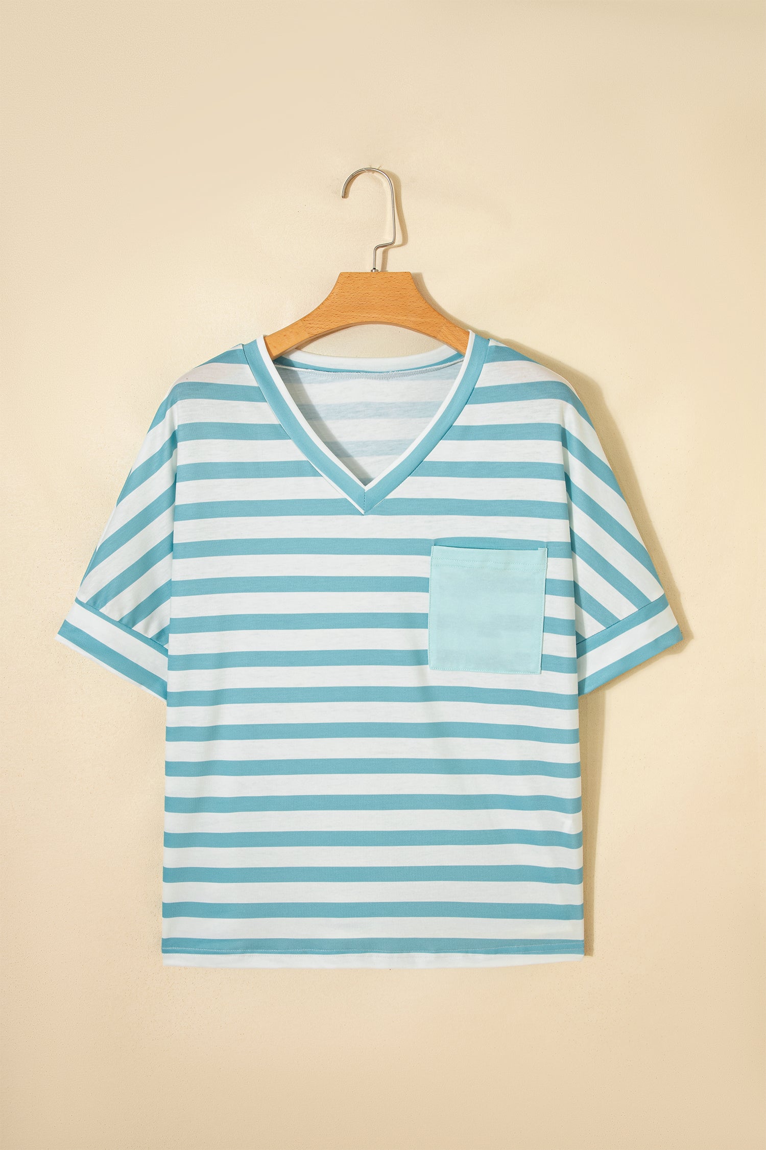 Sky Blue Stripe V Neck Patched Pocket Casual Tee