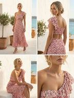 Asymmetric Long Ruffled Floral Print Dress