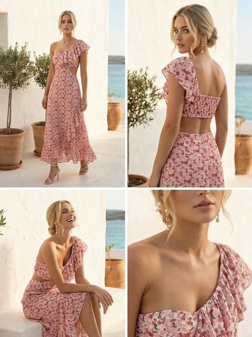 Asymmetric Long Ruffled Floral Print Dress