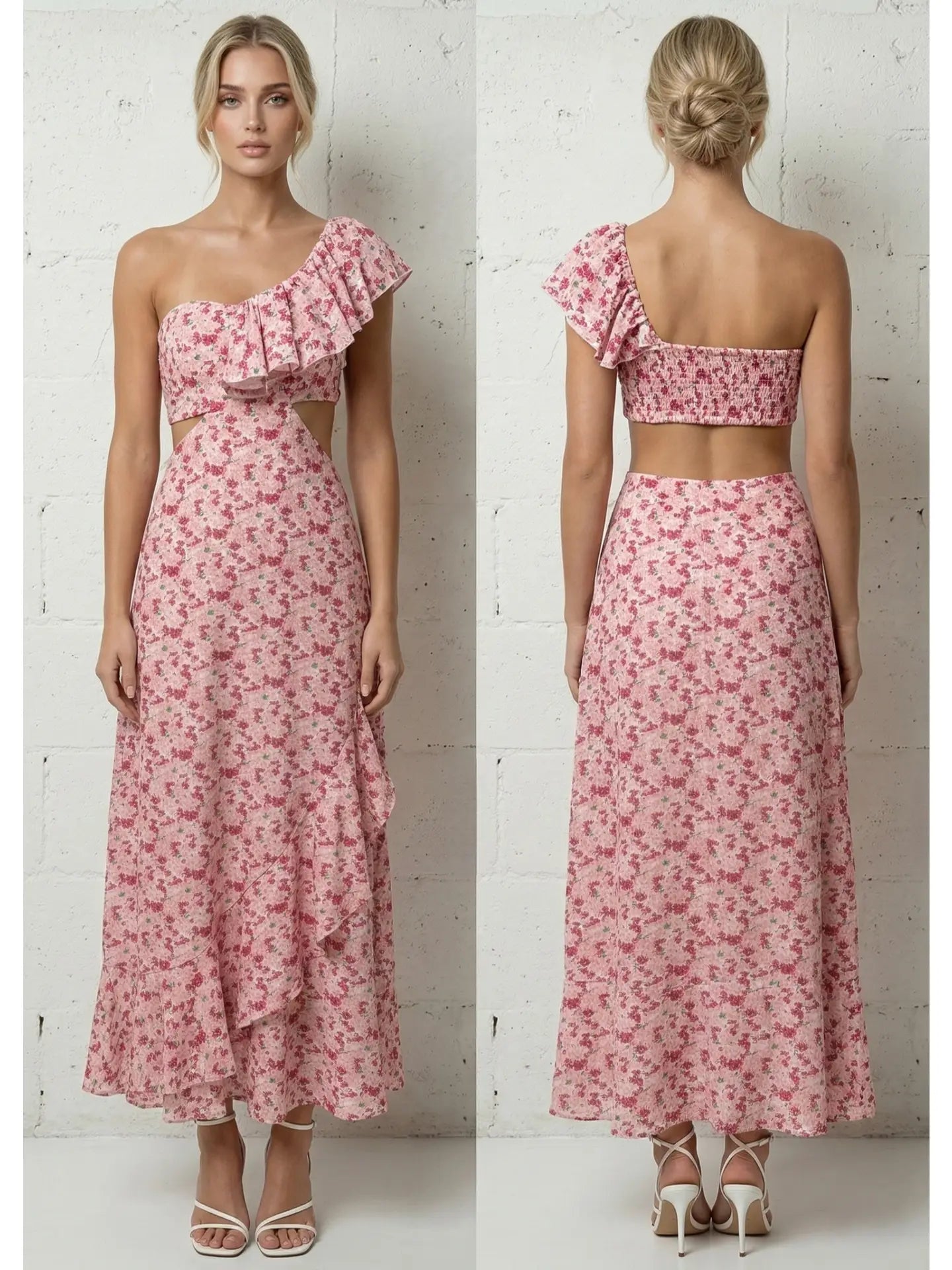 Asymmetric Long Ruffled Floral Print Dress