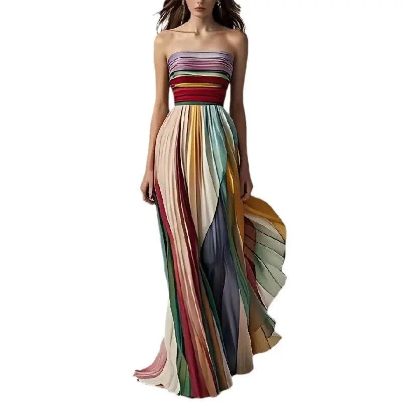 Colorful Strapless Pleated Evening Dress