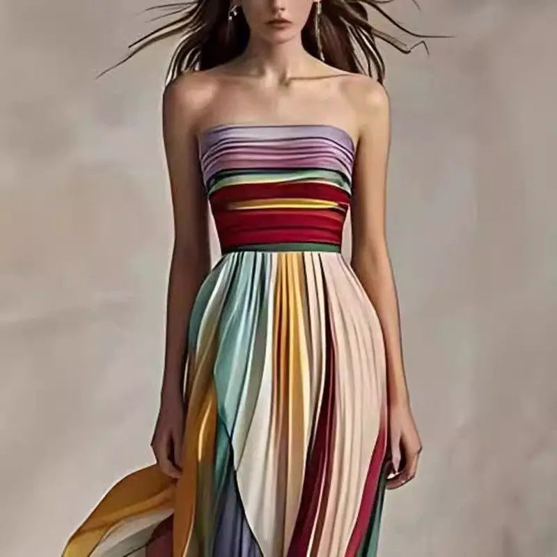 Colorful Strapless Pleated Evening Dress