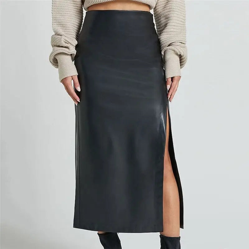Leather High Waist Side Slit Midi Skirt