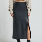 Leather High Waist Side Slit Midi Skirt