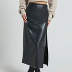 Leather High Waist Side Slit Midi Skirt