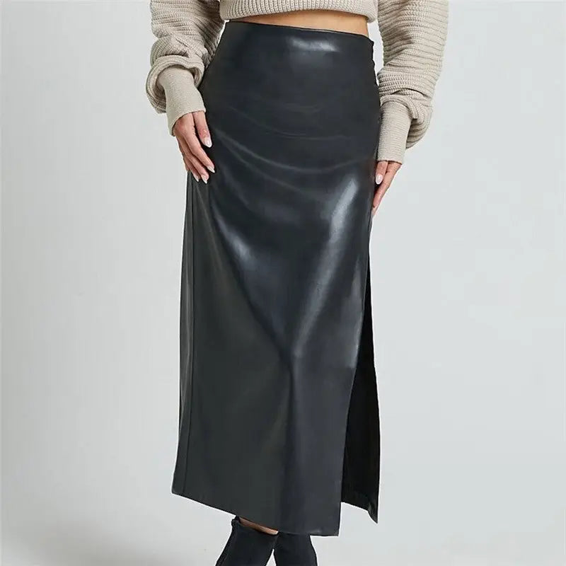 Leather High Waist Side Slit Midi Skirt