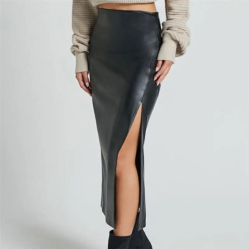 Leather High Waist Side Slit Midi Skirt