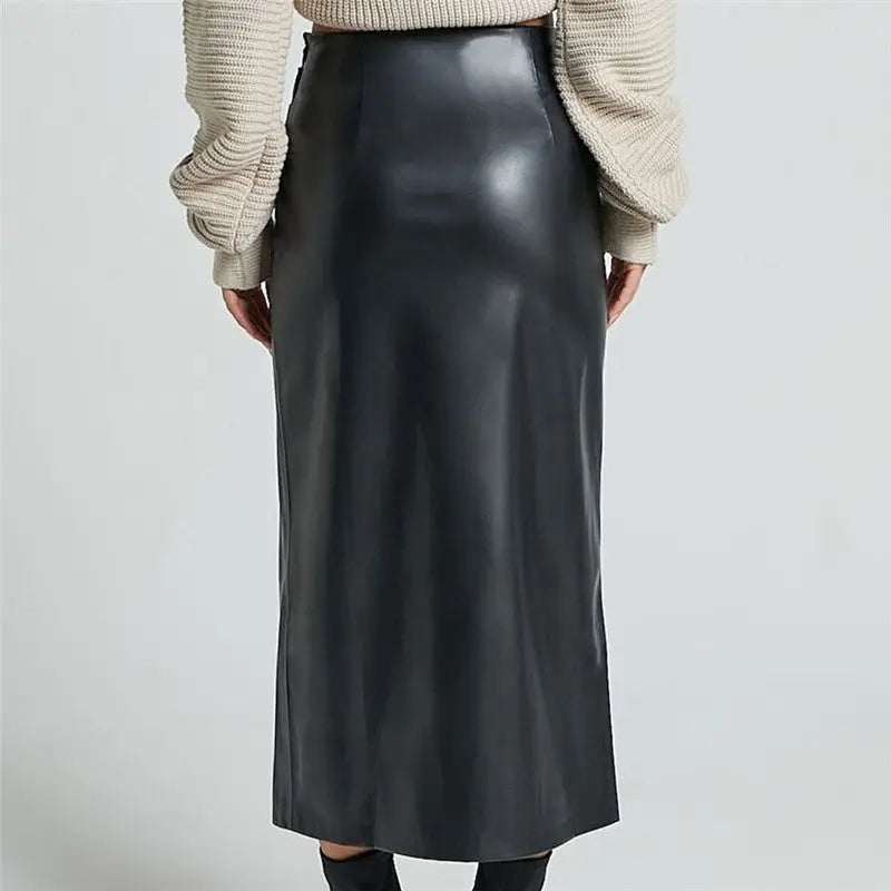 Leather High Waist Side Slit Midi Skirt