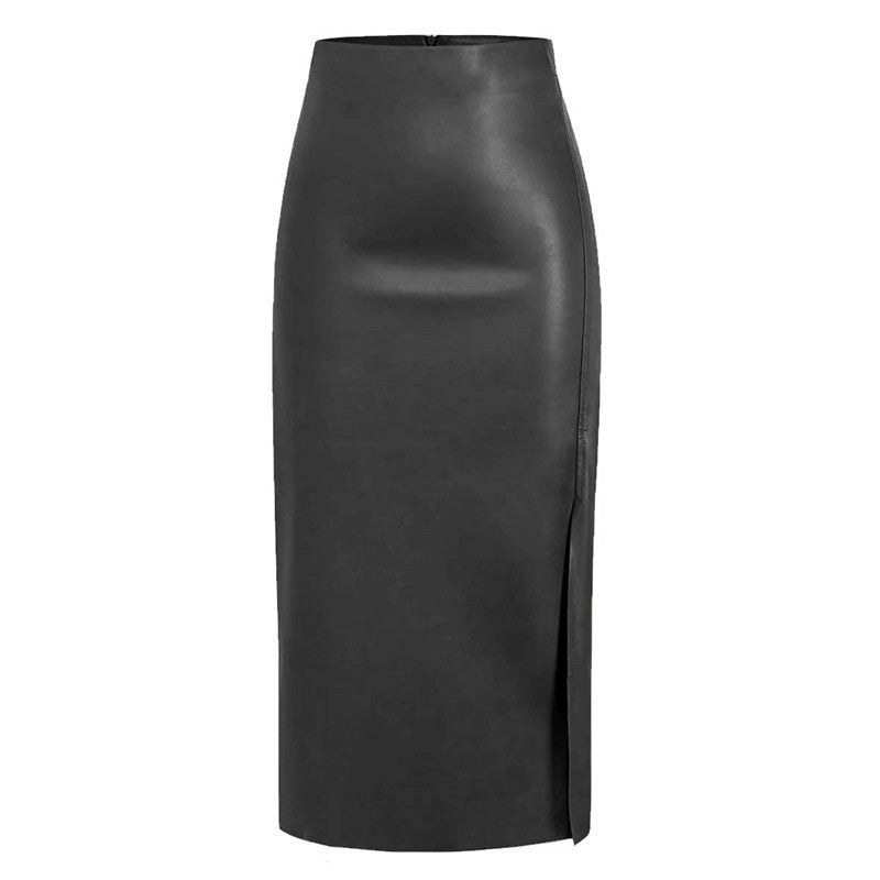 Leather High Waist Side Slit Midi Skirt