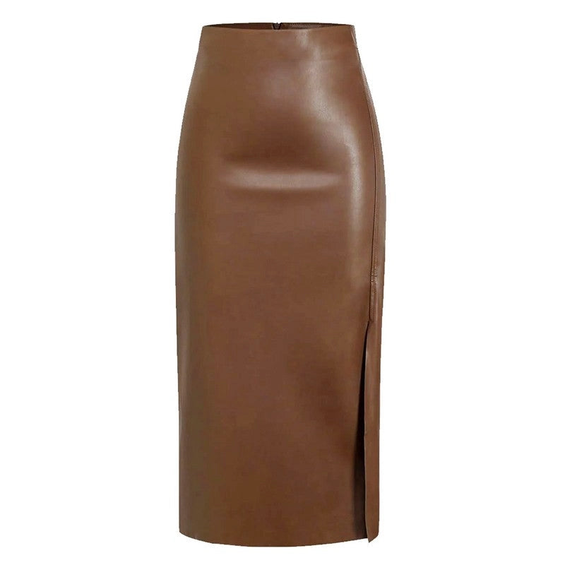 Leather High Waist Side Slit Midi Skirt