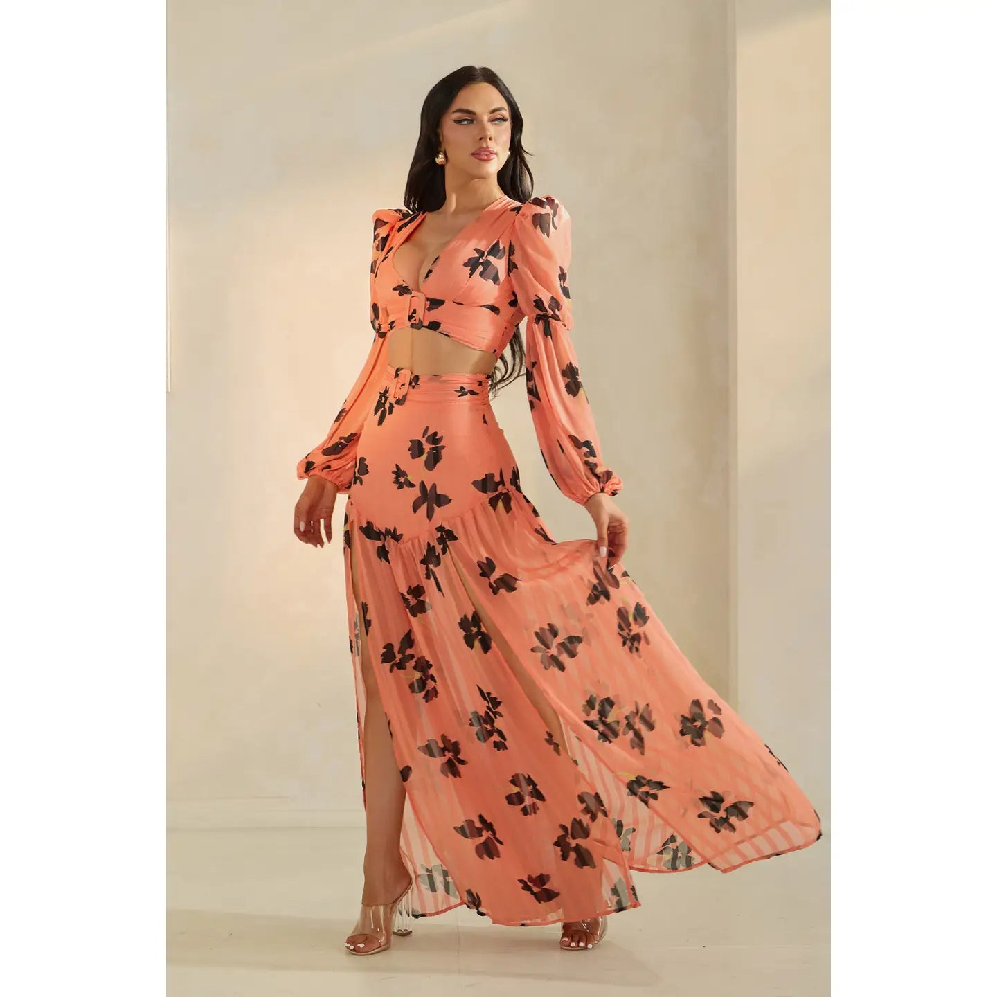 Plunging Neckline Floral Print Split Skirt Set