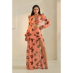 Plunging Neckline Floral Print Split Skirt Set