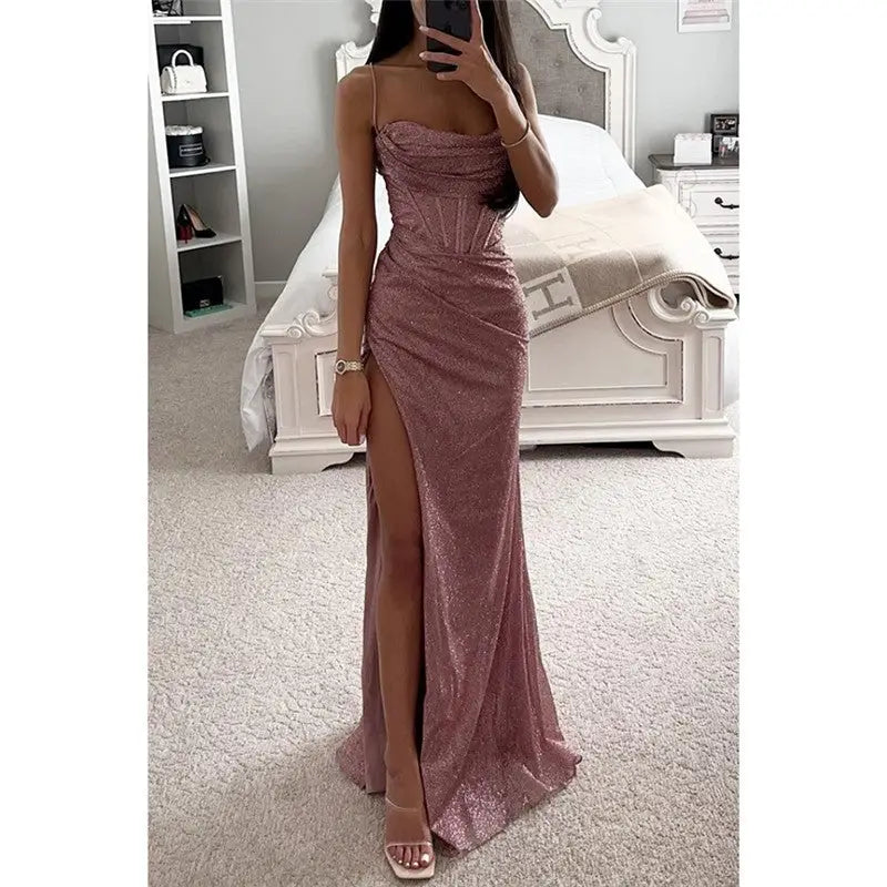 Spaghetti Strap Evening Dress with Side Slit