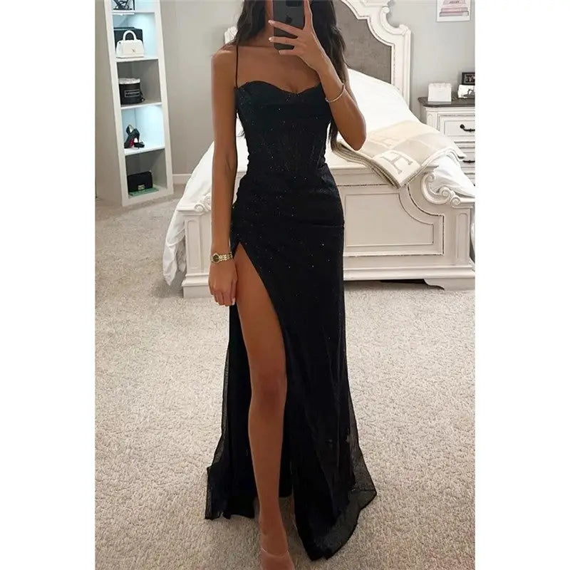 Spaghetti Strap Evening Dress with Side Slit