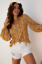 Orange Boho Floral Ruffled Bubble Sleeve V Neck Fall Blouse