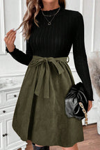 Ribbed Knit Bodice Contrast Flared Belted Midi Dress