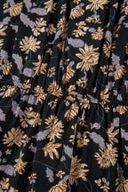 Black Floral Deep V Neck Smocked Bust Bubble Sleeve Babydoll Dress