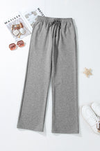 Light Grey Solid Color Fleece Lined Drawstring Waist Casual Pants