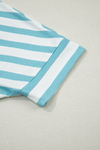 Sky Blue Stripe V Neck Patched Pocket Casual Tee