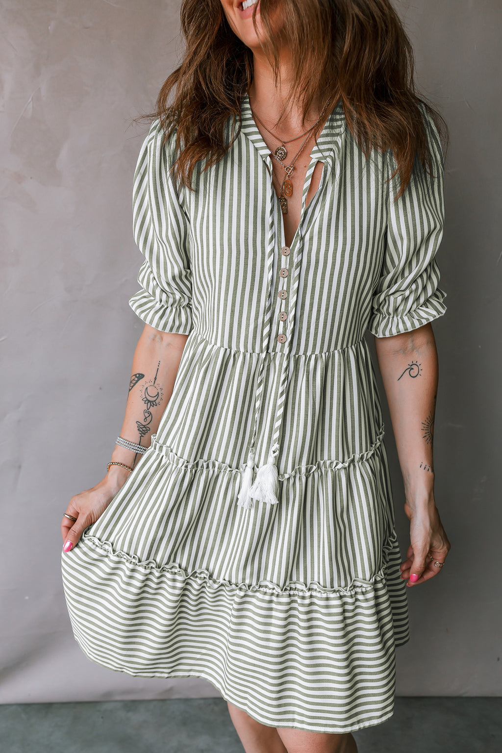 Green Stripe Tasseled Tie Neck Ruffled Short Sleeve Mini Dress