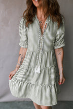 Green Stripe Tasseled Tie Neck Ruffled Short Sleeve Mini Dress
