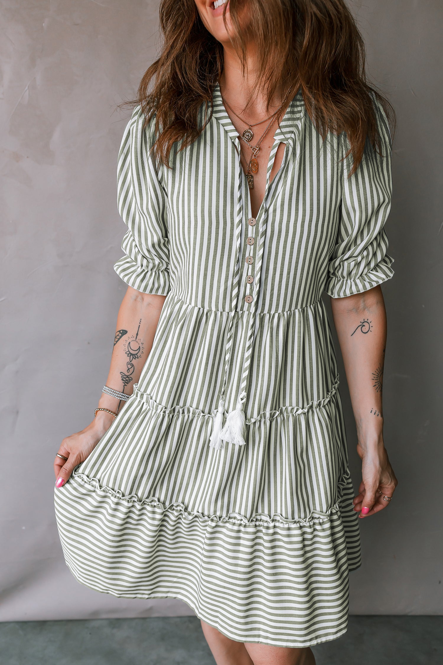 Green Stripe Tasseled Tie Neck Ruffled Short Sleeve Mini Dress
