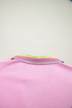 Pink Rainbow Stripe Ribbed Patchwork Raw Seam Oversize Polo Tee