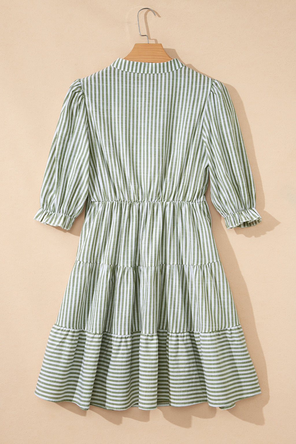 Green Stripe Tasseled Tie Neck Ruffled Short Sleeve Mini Dress
