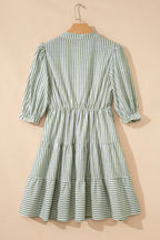 Green Stripe Tasseled Tie Neck Ruffled Short Sleeve Mini Dress