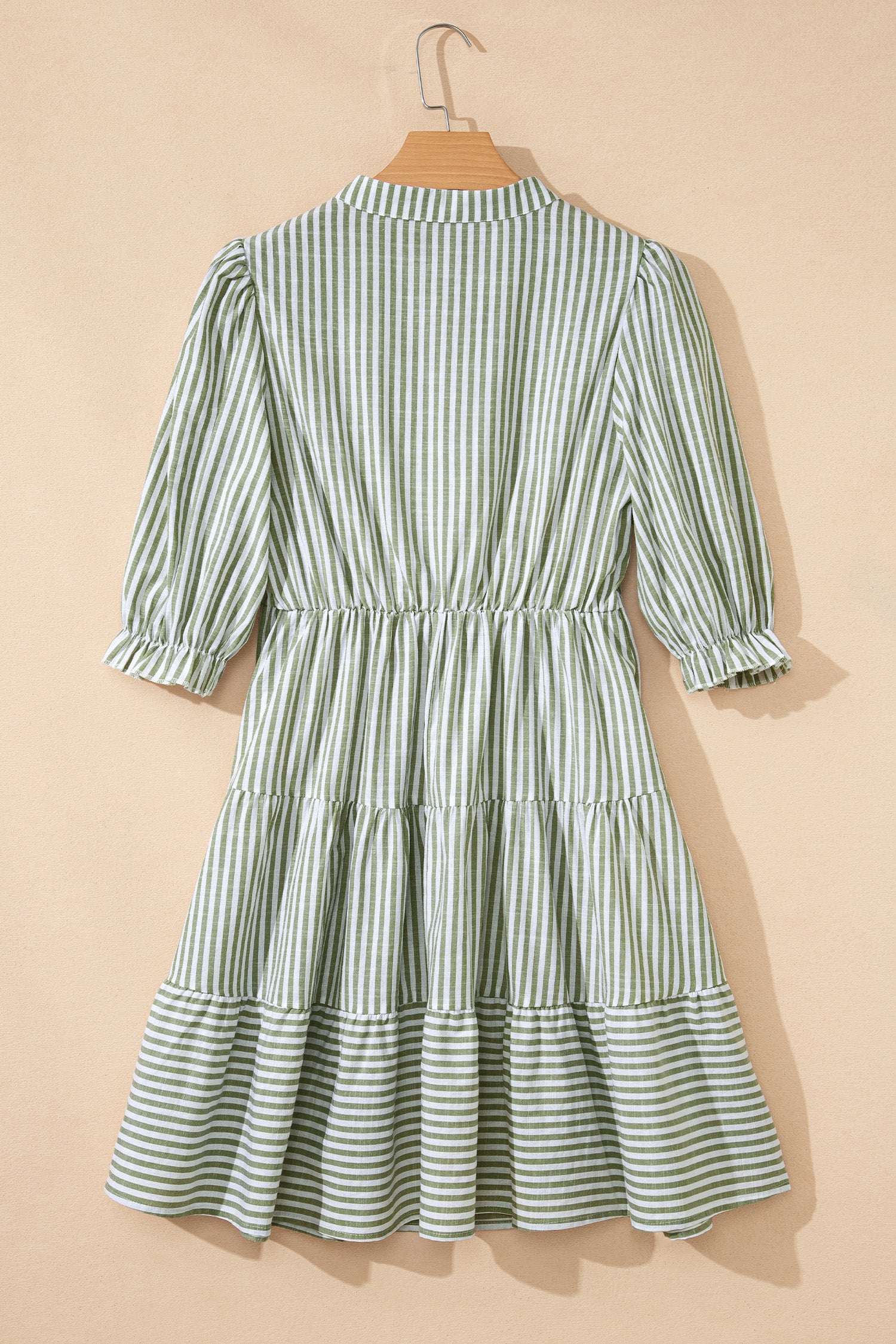 Green Stripe Tasseled Tie Neck Ruffled Short Sleeve Mini Dress