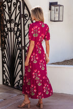 Red Floral Print Frilled V Neck Short Sleeve Ruffle Maxi Dress