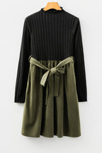 Ribbed Knit Bodice Contrast Flared Belted Midi Dress