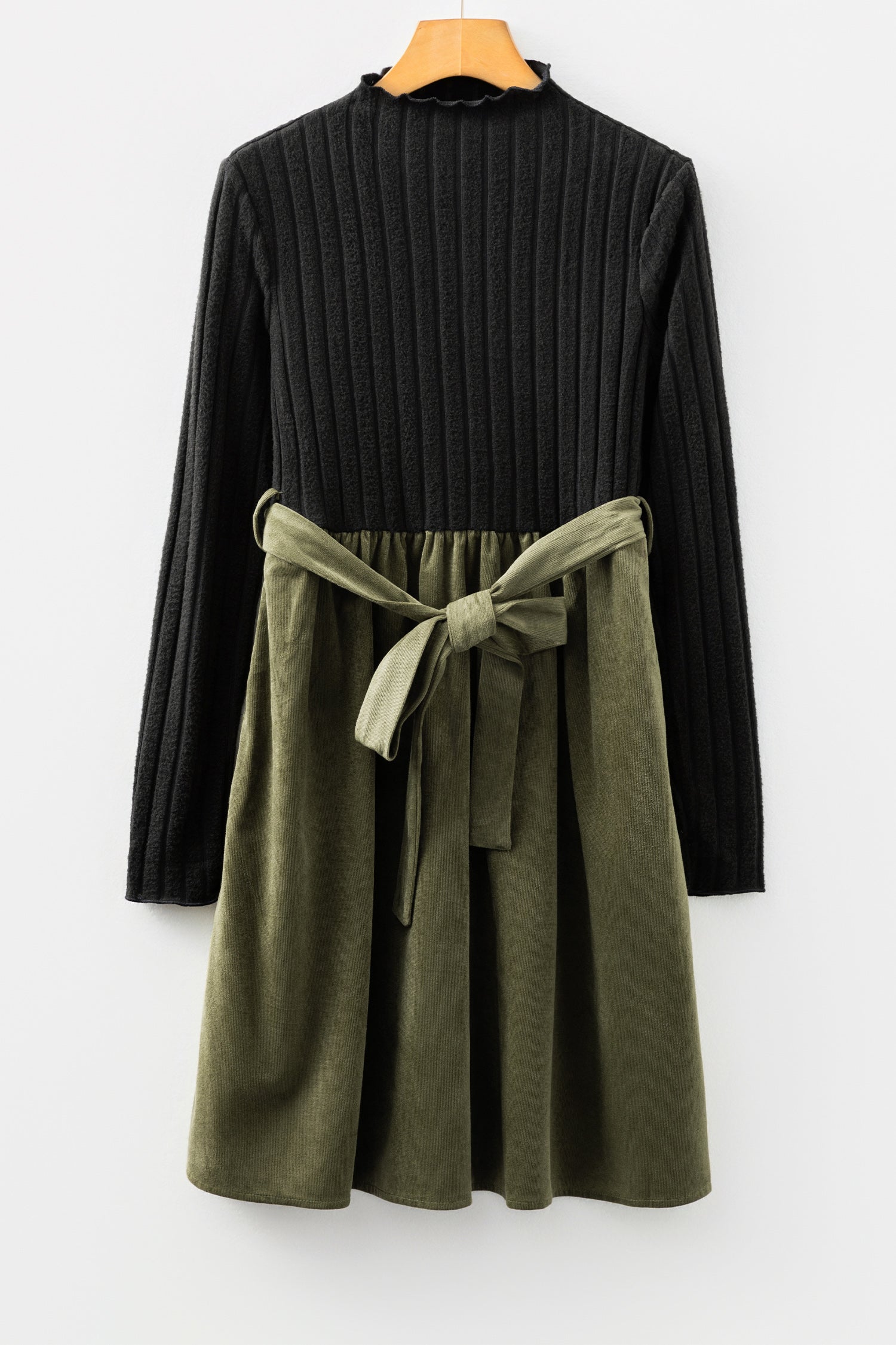 Ribbed Knit Bodice Contrast Flared Belted Midi Dress