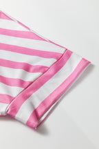 Pink Stripe V Neck Patched Pocket Casual Tee