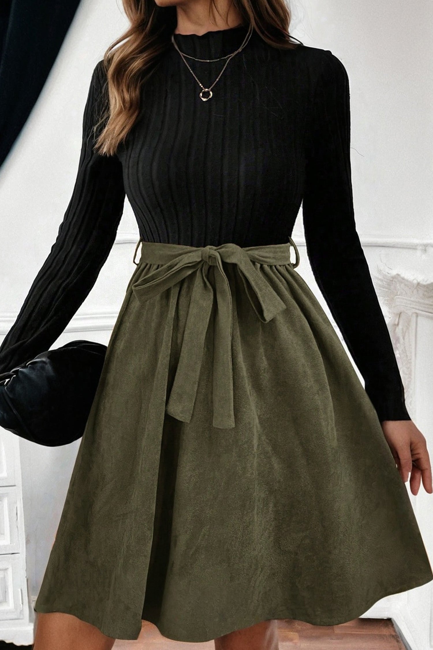 Ribbed Knit Bodice Contrast Flared Belted Midi Dress