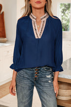Dirty blue Leopard Trim V Neck Flounced Bracelet Sleeve Blouse