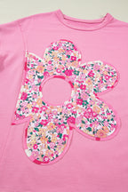 Bright Pink Floral Patched Raw Seam Big Flower Oversize Tee