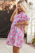 Pink Floral Collared Half Placket Short Sleeve Loose Dress