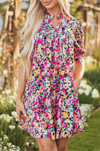 Pink Floral Puff Short Sleeve V Neck Mini Dress