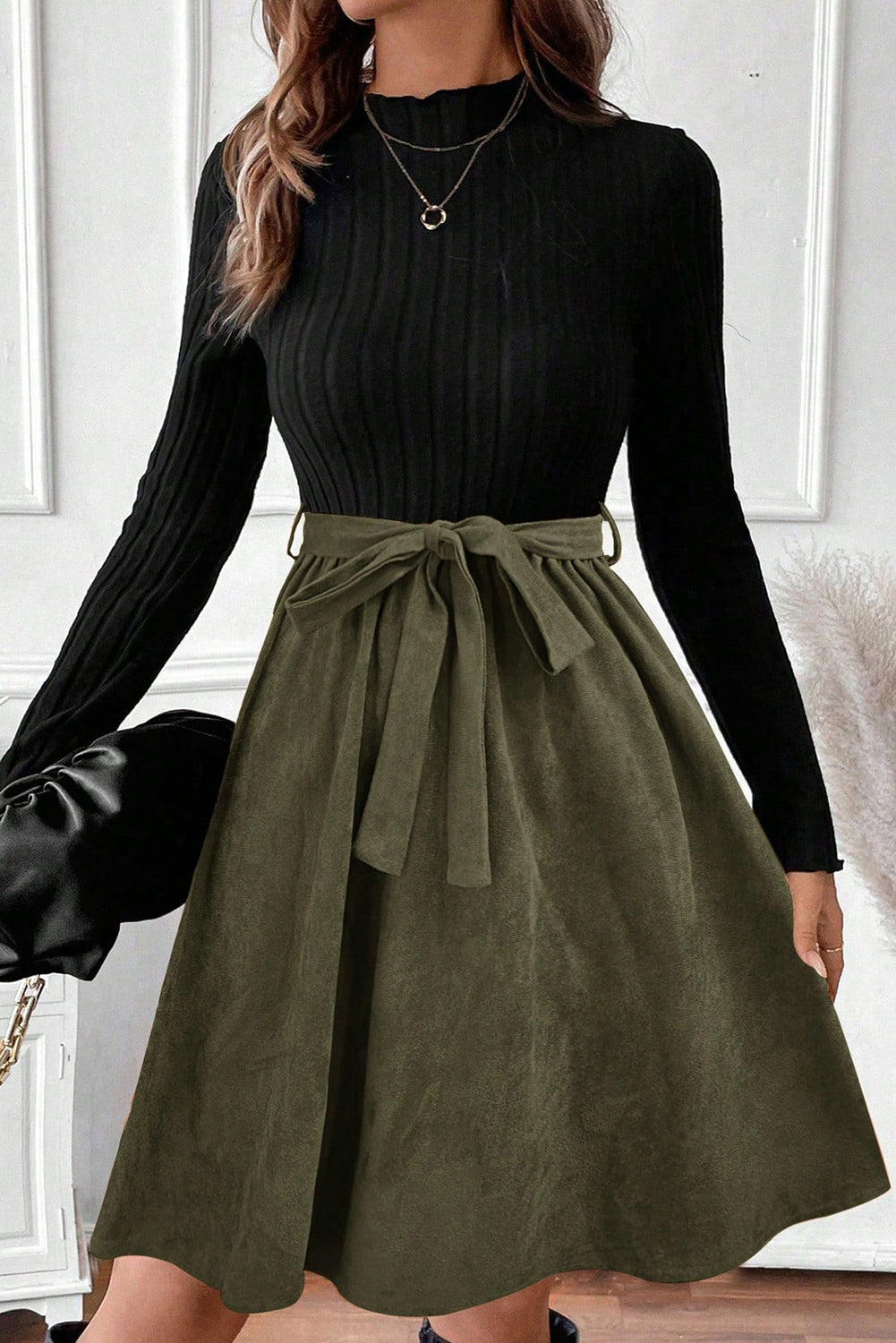 Ribbed Knit Bodice Contrast Flared Belted Midi Dress