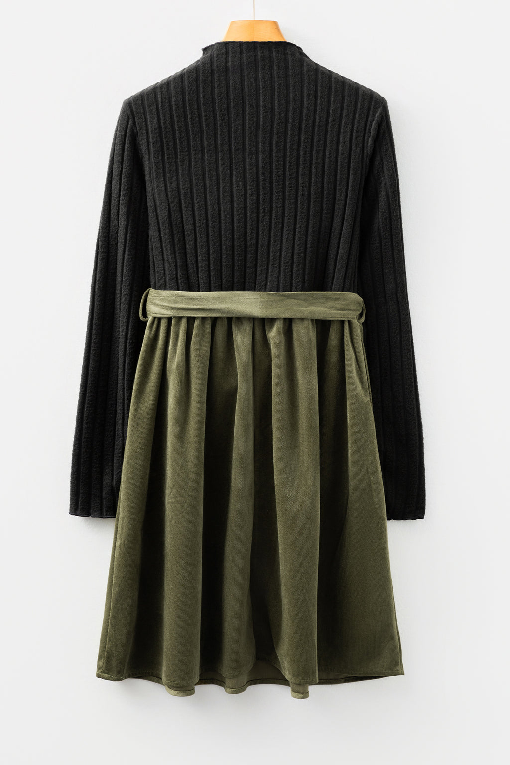 Ribbed Knit Bodice Contrast Flared Belted Midi Dress
